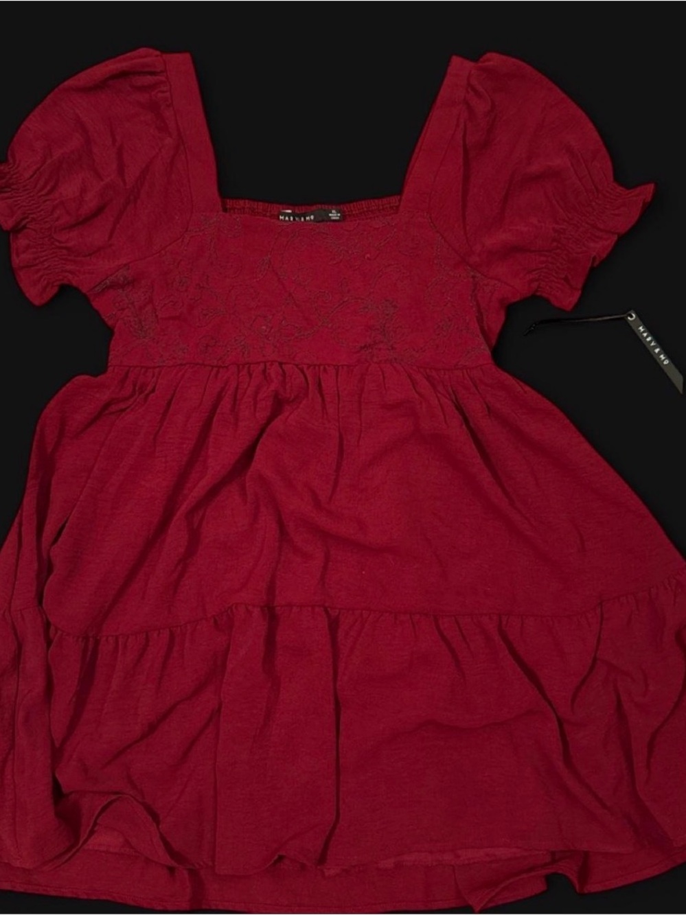 Women’s Red Tiered Puff-Sleeve Square-Neck Dress